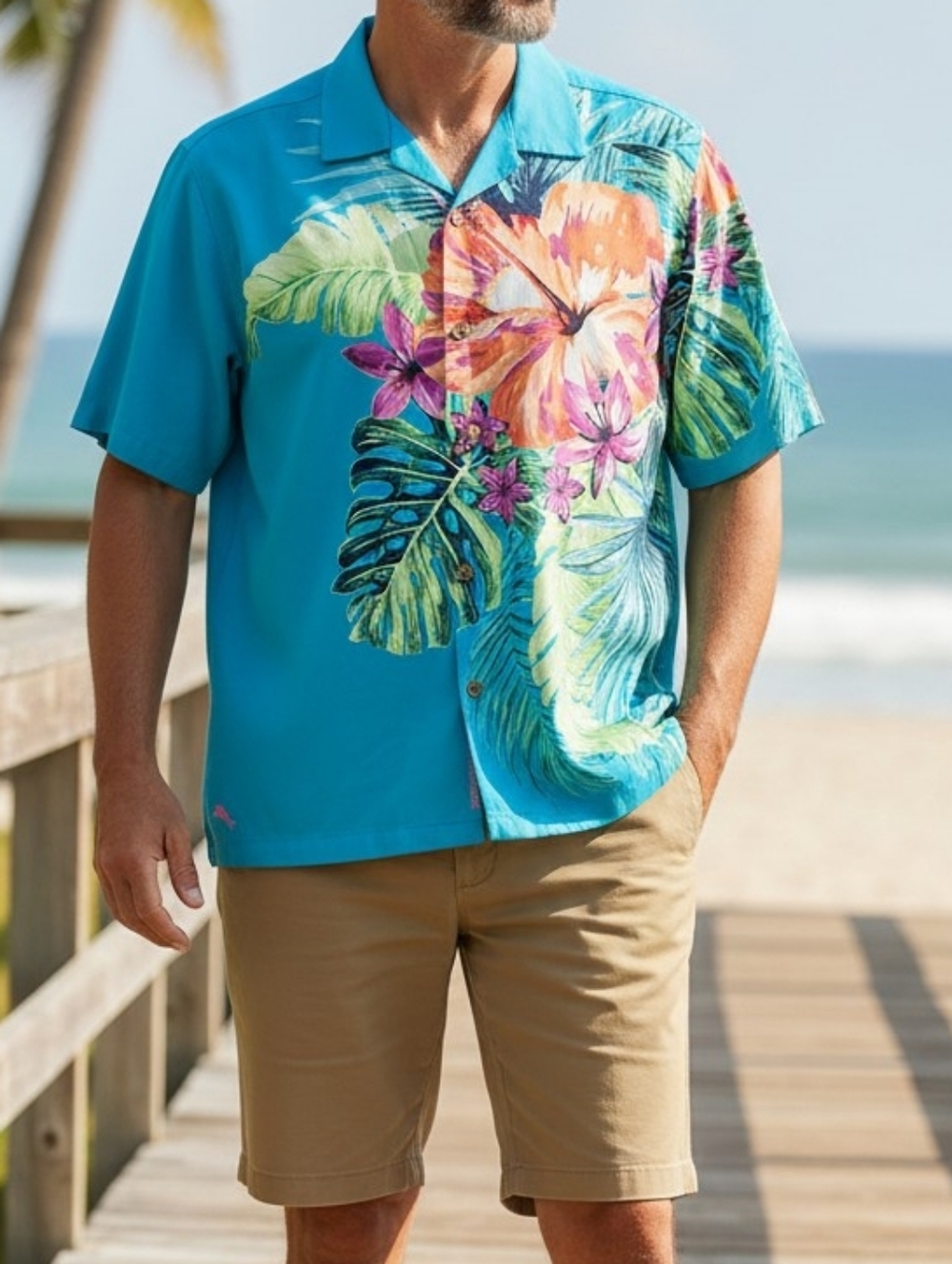 Tommy Bahama Artist Series 2022 Silk Hibiscus Shirt XL Blue Tropical Camp